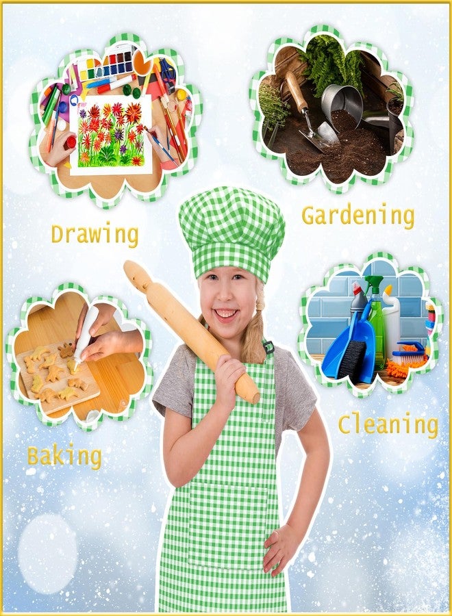 TOPWAYS Kids Apron and Chef Hat Set, Adjustable Check Child Chef Aprons with Pockets for Kids Painting Baking Cooking (Green, L) - Image 4